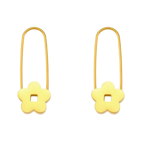 Gold Flower Safety Pin Hoop Earrings 18K Gold Plated - Picture 10 of 10